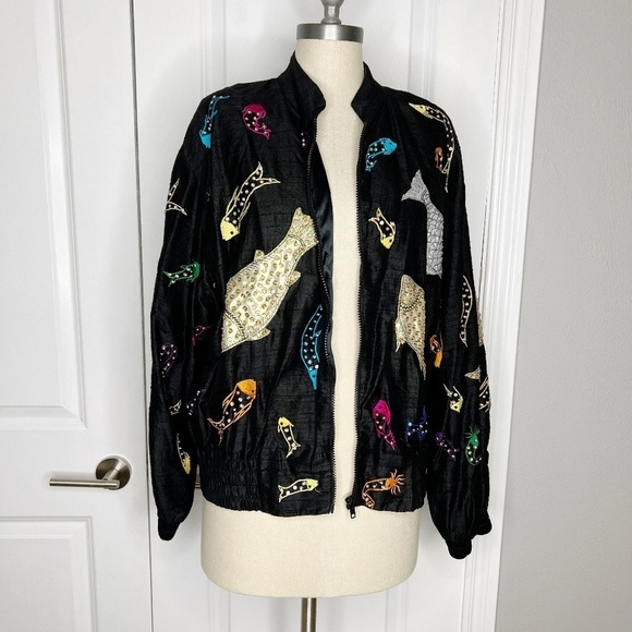 Vintage JA Resort Embroidered Black Silk Bomber Jacket Fish Sequins Sz Medium - Picture 1 of 8